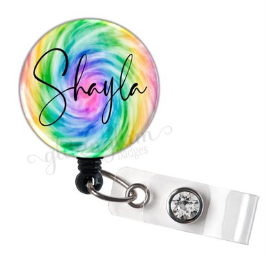 Rainbow Swirl Badge Holder, Personalized Name Badge Reel, Tie Dye Badge Reel, Custom Retractable Badge Reel, Colorful Badge Reel - GG6059B - image1